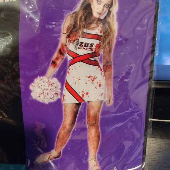Zombie Cheerleader Junior 7-9 Halloween Costume Walking Dead ECU Pom Poms Dress - Picture 1 of 5